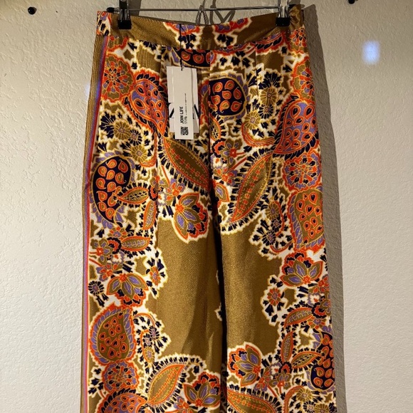 NWT Zara Satin Paisley Silky Cropped Wide Leg Palazzo Pants Gold Red Resort M - Picture 3 of 10